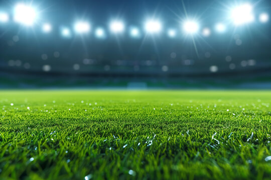 Green grass field in stadium, illuminated by bright lights above.