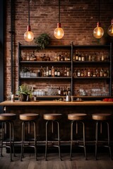 A bar area featuring a row of stools against an exposed brick wall. The industrial chic decor creates a trendy and urban atmosphere in the space