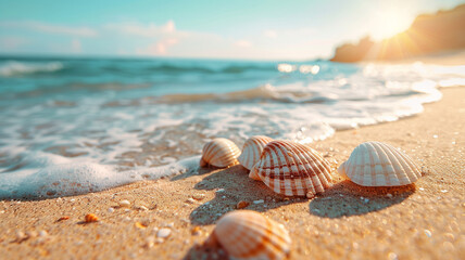 Seashells Scattered on Sandy Beach: Real Photography with Copy Space, Natural Beauty Under Soft Sunlight