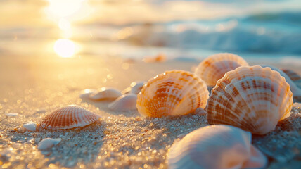Seashells Scattered on Sandy Beach: Real Photography with Copy Space, Natural Beauty Under Soft Sunlight