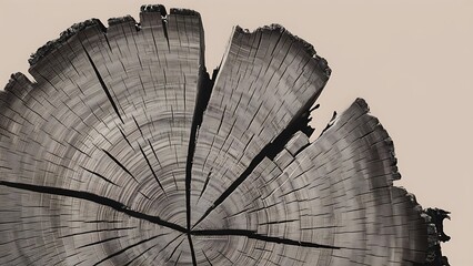 Warm gray cut wood texture. Detailed black and white texture of a felled tree trunk or stump. Rough organic tree rings with close up of end grain