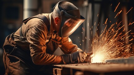 Industrial welder performing precision metal cutting with sparks flying in a factory setting