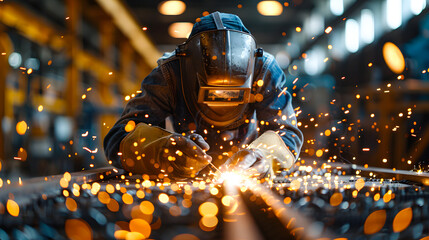 Industrial welder in protective gear meticulously working with a welding torch in a factory, surrounded by sparks and machinery.