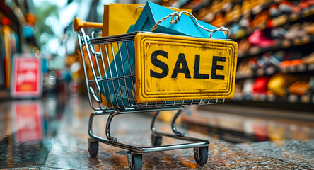 Shopping cart with 'SALE' sign and colorful bags in a store aisle, representing discount season and retail promotions.