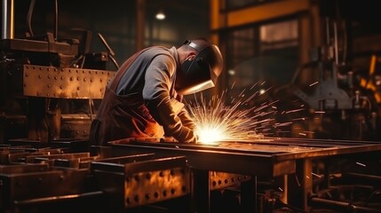Industrial welder in factory using heavy machinery for precision metalwork in hot environment