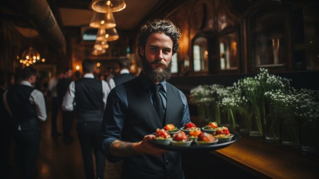 Waiter serving meat dish at elegant event or wedding reception with festive ambiance