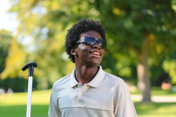 Portrait of a young blind black man using his white cane for the first time alone outdoors