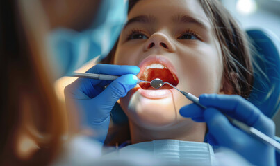 During a pediatric dental checkup, a dentist in gloves examines a cheerful child using specialized tools to promote good oral health in kids through preventive care and ensure a healthy smile