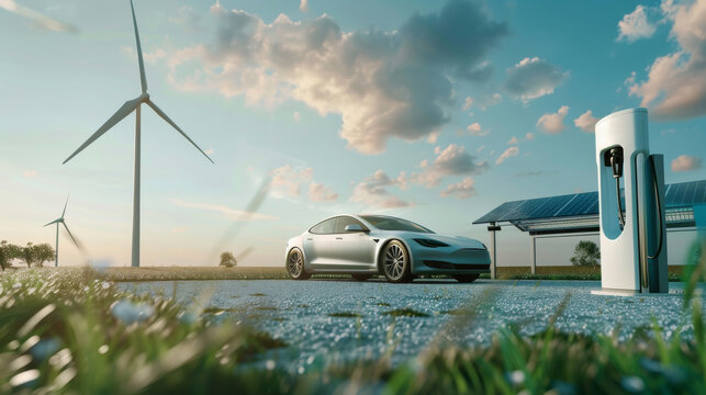 An electric car being charged in a sustainable setting with wind turbines and solar panels highlights the use of clean energy and technological advances to support environmental sustainability