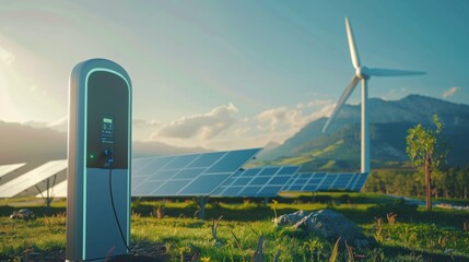 Diverse sustainable energy sources include solar panels, wind turbines, and electric vehicle charging stations, contributing to environment protection and technological advancement