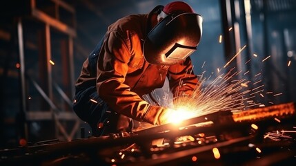 Industrial welder in factory sparks metal cutting with precision machinery for engineering tasks