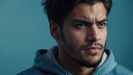 Obraz premium Young man with serious expression in blue hoodie