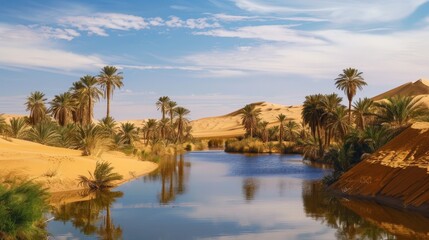 Fototapeta premium In arid deserts, oases bloom like mirages, where water brings hope to parched lands.