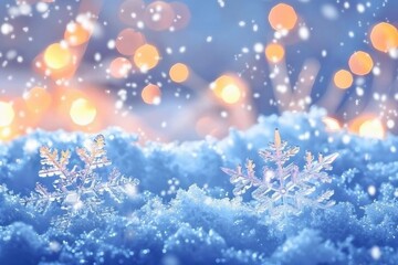 Naklejka premium Snowflakes On Snow With Bokeh Of Christmas Lights. Real Snowdrift And Acrylic Crystals