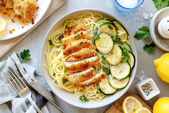 Chicken piccata with spaghetti, cucumber slices and lemon