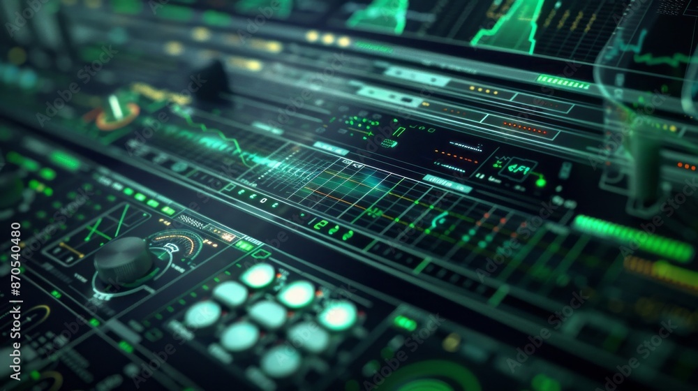 Aufkleber A close-up shot of a futuristic interface with glowing green lines and controls, capturing a moment in a digital world