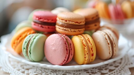 A plate of vibrant macarons in assorted colors and flavor