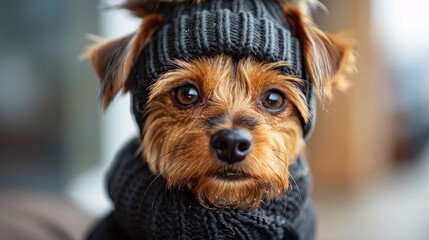 Dressed Yorkshire Terrier close up portrait. Autumn or winter style hat and coat