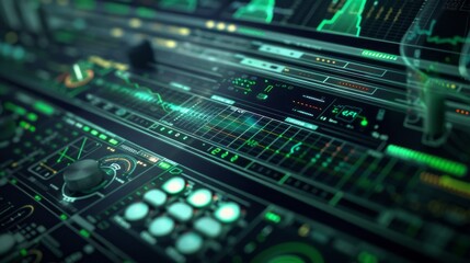 A close-up shot of a futuristic interface with glowing green lines and controls, capturing a moment in a digital world