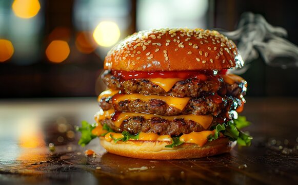 A towering double cheeseburger, overflowing with melted cheddar cheese, awaits a hungry devourer in a mouthwatering food photography scene.