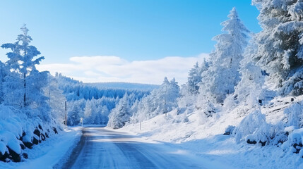 Snowy and frozen mountain road in winter landscape. Uludag National Park. Bursa, Turkey. 