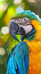 Close-up of a vibrant blue and yellow macaw, detailed feathers and soft background. Exotic tropical bird concept