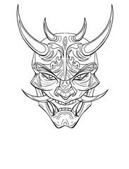 Oni Mask 2D Digital drawing detailed Japan demon face painting with gradient texture isolated on white Hannya clip art asian culture design logo textile print