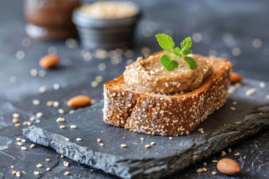 Gourmet almond butter on rustic bread with sesame seeds