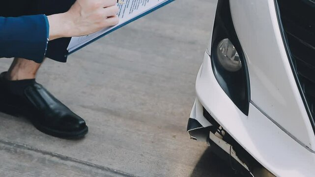 senior man and insurance agent claim process after car crash