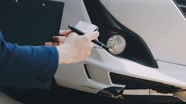 senior man and insurance agent claim process after car crash
