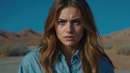 Fototapeta premium Woman in denim shirt standing in desert landscape