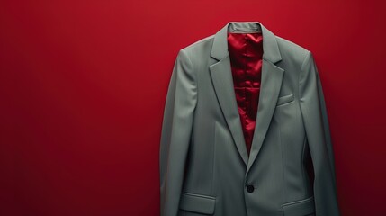 Women's light grey suit neatly folded on a dark red background.