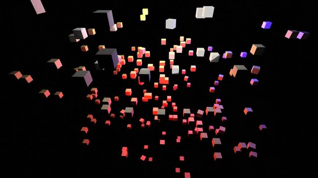 16 seconds of cubes cubic shapes flying moving randomly about colorful ambiguous DJ visualizer on black background , HD video 1920 1080,