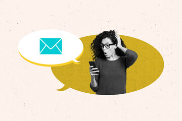 Composite photo collage of shocked girl receive text box notification hold prhone envelope message...