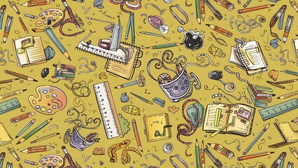 doodle seamless pattern. Hand drawn background with school supplies and creative elements. Vector illustration