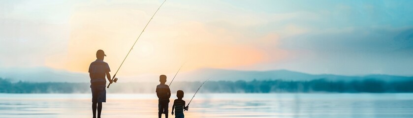 Family on a fishing trip, Realistic, Calm lake, Photography, Fishing rods, quiet