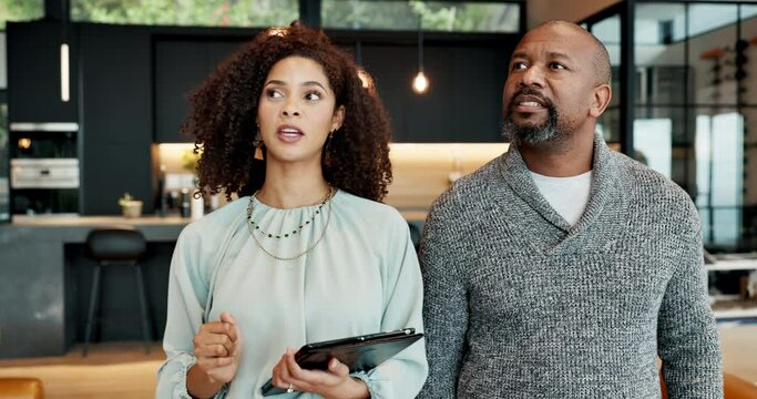 House, people and real estate agent with client for home sale, consultation and property investment. Business, realtor and customer with tablet for purchase with discussion or negotiation for renting