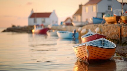 Obraz premium Family at a coastal town, Realistic, Seaside view, Photography, Fishing boats, relaxed