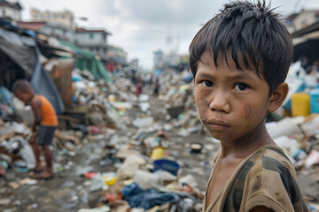 Young Asian boy with soft smile living in poverty stricken area - portrait against wall. Manila, Philippines.