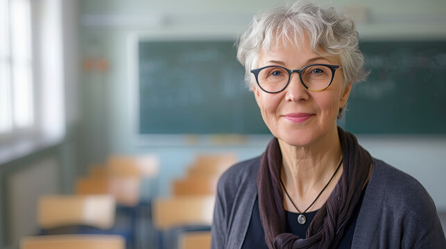 Mature teacher in classroom with copy space