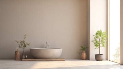 Contemporary designer bathroom interior with white bathtub in minimalist apartment setting
