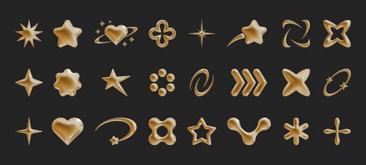 Set of Y2k geometric 3D render gold shapes trendy retro futuristic design elements, infographic shapes. Modern concept with symbols and objects, star, heart Vector illustration for UI and UX