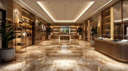 Luxury modern boutique interior with marble flooring and golden accents, fashion retail concept