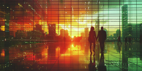 Silhouette of business people work together in office. Concept of teamwork and partnership. double exposure with light effects