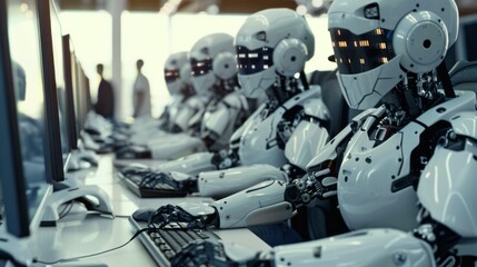 A line of robots working on computers in a modern office setting
