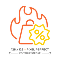 Hot sale two color line icon. Shopping bag and fire. Hot discount. Price reduction. Sale and offer bicolor outline symbol. Duotone linear pictogram. Isolated illustration. Editable stroke
