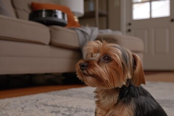 Cute Yorkshire Terrier Sitting on a Cozy Home Carpet