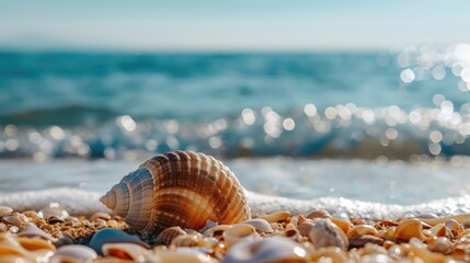 A beautiful large shell or clam on the seashore against the background of a wave. The concept of relaxation, harmony, and travel.