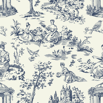 Abstract Victorian seamless pattern with hand drawn illustration with country life, couple villager in Toile de jouy style. Retro elegance blue Chinoiserie print. Vintage wallpaper for bedroom