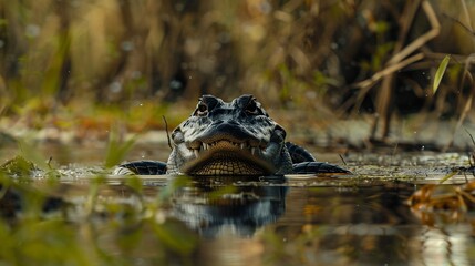 Naklejka premium In the wetlands, an alligator glides silently through the water, its eyes and snout barely visible above the surface.